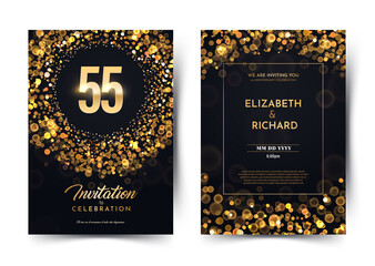 55th years birthday vector black paper luxury invitation double card. Fifty five years wedding anniversary celebration brochure. Template of invitational for print dark background with bokeh lights - obrazy, fototapety, plakaty