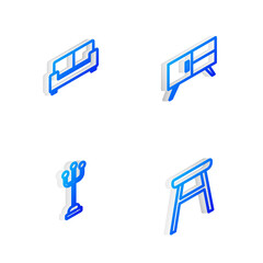 Set Isometric line Chest of drawers, Sofa, Coat stand and Chair icon. Vector