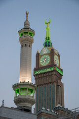 Evening time in Mecca. Minaret of Masjid Haram and Zamzam Tower in Mecca - Saudi Arabia: 28 August...