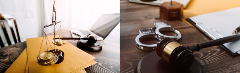 Business and lawyers discussing contract papers with brass scale on desk in office. Law, legal...