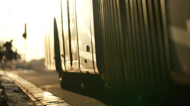 Bus transportation leaving platform. Bus leaving stop