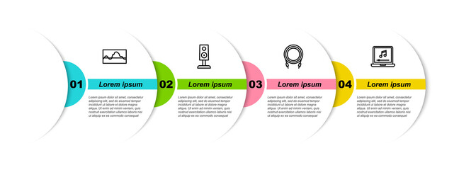 Set line Music wave equalizer, Stereo speaker, Audio jack and Laptop with music note. Business infographic template. Vector