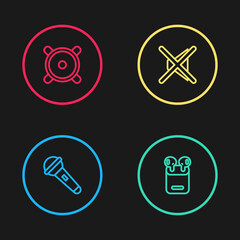 Set line Microphone, Air headphones in box, Speaker mute and Stereo speaker icon. Vector