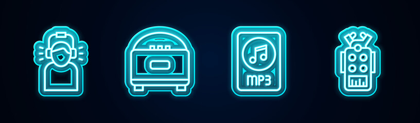 Set line Man in headphones, Stereo speaker, MP3 file document and Microphone. Glowing neon icon. Vector