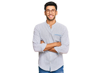 Young handsome man wearing casual clothes and glasses happy face smiling with crossed arms looking...