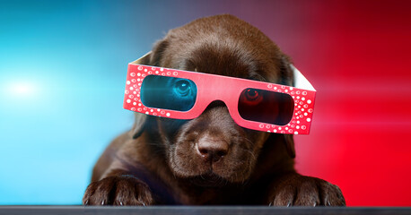 puppy of labrador retriever dog watching  tv or movie film  with 3d glasses (red-blue anaglyph).