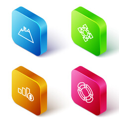 Set Isometric line Mountains with flag, Project team base, Pie chart and dollar and Business lifebuoy icon. Vector