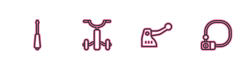 Set line Screwdriver, Bicycle brake, for kids and lock icon. Vector