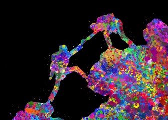 Climbing couple watercolor art with black background, abstract sport painting. sport art print, watercolor illustration rainbow, colorful, decoration wall art.