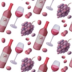 Seamless pattern of watercolor drawn wine bottle, glass of red wine and grapes