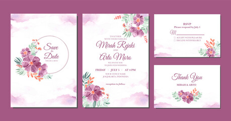 Hand painted of purple floral watercolor wedding invitation
