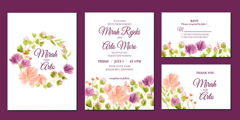 Fototapeta na wymiar Hand painted of purple and peach floral watercolor wedding invitation 