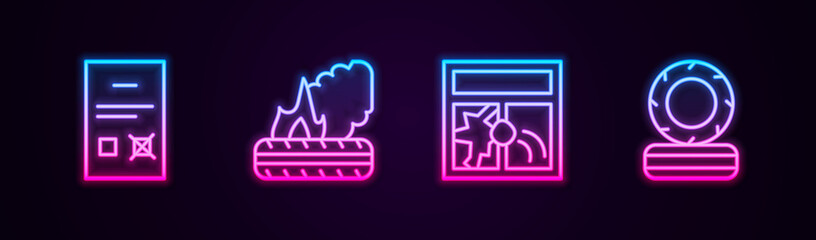 Set line Poll document, Lying burning tires, Broken window and . Glowing neon icon. Vector
