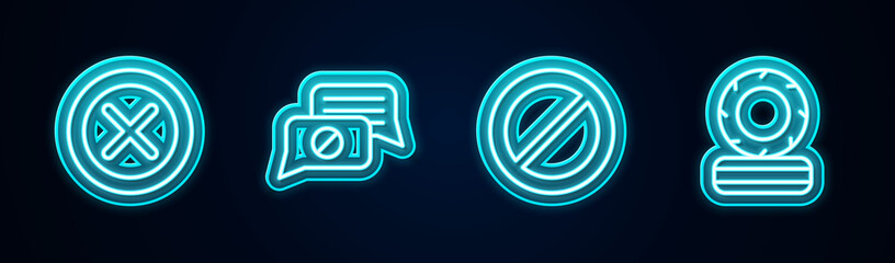 Set line X Mark, Cross in circle, Speech bubble chat, Ban and Lying burning tires. Glowing neon icon. Vector