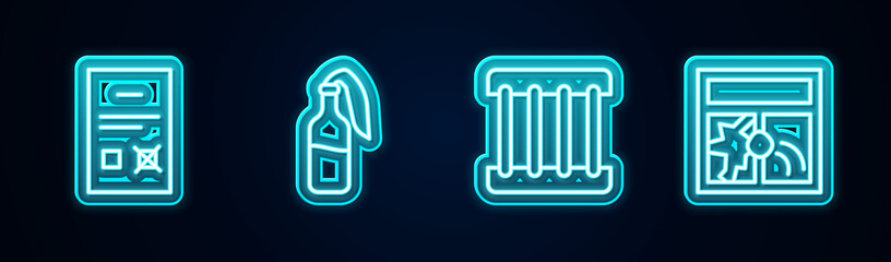 Set line Poll document, Cocktail molotov, Prison window and Broken. Glowing neon icon. Vector