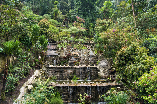 Small garden with a waterfall surrounded by bushes and trees under the Monserrate furnicular in Bogota, Colombia