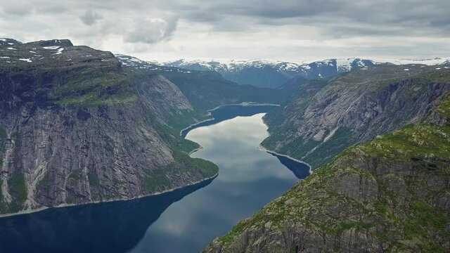 Trolltunga or Troll Tongue aerial view, a rock formation at the Hardangerfjord near Odda town in Hordaland, Norway