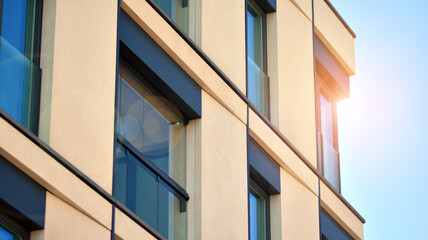 New modern architectural building house. Modern   facade of the apartment building.