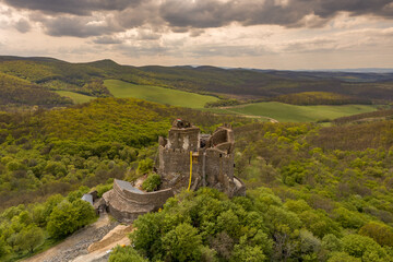 Aerial view of medieval ruined Holloko castle, UNESCO world heritage site in Hungary