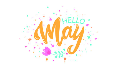 Hello May handwritten text isolated on white background with colorful splashes as logo, icon, card. Spring postcard, invitation, flyer. Vector illustration. Hand lettering, modern brush calligraphy