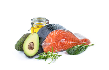 Set of food with fats and omega-3 isolated on white