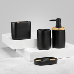 Set of bath accessories on grey background