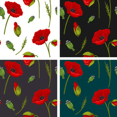 Set of 4 Papaver rhoeas, Poppy Flower Seamless Pattern Tiles