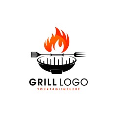 Vintage Grills barbecue with fork and fire flame logo design vector template
