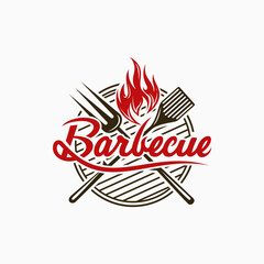 Vintage Grills barbecue with fork and fire flame logo design vector template
 - obrazy, fototapety, plakaty