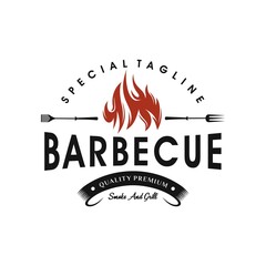 Vintage Grills barbecue with fork and fire flame logo design vector template
 - obrazy, fototapety, plakaty