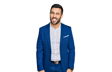 Young hispanic man wearing business jacket sticking tongue out happy with funny expression. emotion concept.