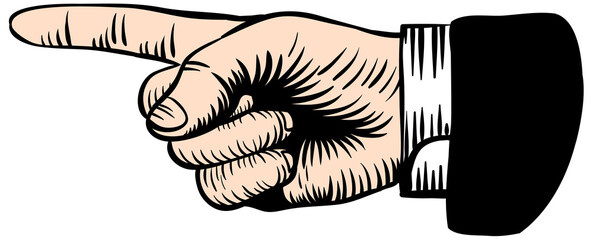 Pointing index finger in retro sketch style color vector illustration