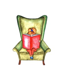 young girl is sitting on a green sofa reading a book. Watercolor hand-drawn illustration on a white background