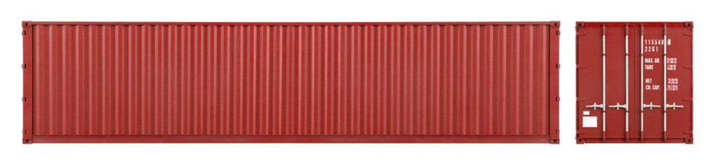 red large shipping cargo container with copy space in frontal and side view isolated  white background. transportation ship delivery logistics and freight concept. - obrazy, fototapety, plakaty