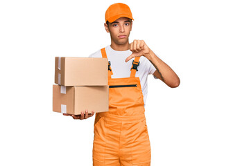 Young handsome african american man holding delivery package with angry face, negative sign showing dislike with thumbs down, rejection concept