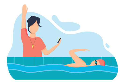 Swimming Lesson With A Coach, A Woman Teaches A Young Man To Swim In The Pool, Modern Vector Illustration In The Style Of Flat. Sports Swimming, Time Trial Competition.