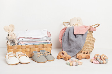 Baby and child clothes in box. Second hand apparel idea. Circular fashion, donation idea
