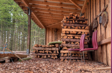 Close-up of a warehouse for lumber and lumberjack tools in a wood. Sheltered under the roof are two...