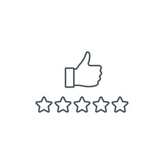 Obraz premium Five stars rating review icon. Feedback, Best seller, Quality icon. Vector. Customer review rating with 5 stars and thumb-up. Quality rating, feedback, five stars line symbol on white background.