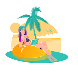 Obraz na płótnie Canvas beautiful young woman in a bikini works at a laptop, sitting in a yellow rubber ring on pool or sea. Freelance concept, work from tropical paradise, videoconference. Vector illustration.
