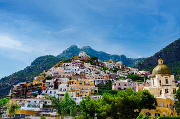 Fototapeta na wymiar Low-angle view of Positano on a summer day