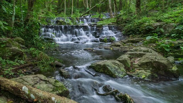 Waterfall in tropical rainforest in Namtok Samlan National Park, Saraburi, Thailand; zoom out - Time Lapse