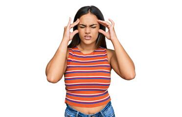 Young brunette woman wearing casual clothes with hand on head for pain in head because stress....
