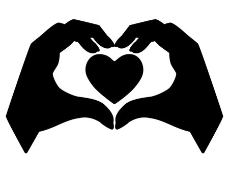 Hands show gesture - heart with heart inside - vector silhouette for logo or pictogram. Heart sign shown by brushes for a sign or icon. Valentine's Day - heart, love black silhouette.