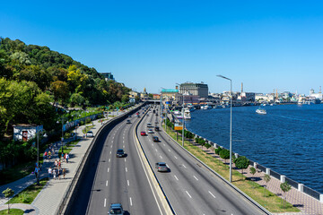 Panoramic view of Podol district and Dnypro river from pedestrian bridge in Kyiv, Ukraine on August 30, 2020. 