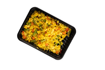  Cooked rice with vegetables. Lunch box with cooked rice and vegetables. Food delivery. Top view....