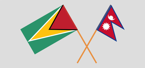 Crossed flags of Guyana and Nepal. Official colors. Correct proportion