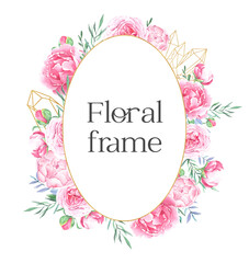 Hand drawn watercolor golden frame with pink peonies and crystals