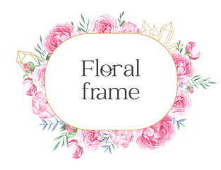 Hand drawn watercolor golden frame with pink peonies and crystals