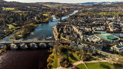 Perth City Centre, Scotland, by drone. Featuring the River Tay, Horsecross and the North Inch. - obrazy, fototapety, plakaty